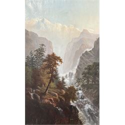 English School (19th century): Mountainous Waterfall Scene, oil on canvas indistinctly signed, housed in heavy ornate gilt frame 91cm x 55cm