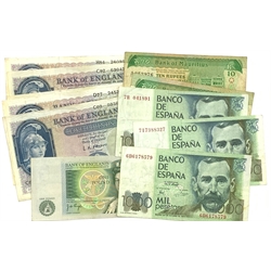 Great British and World banknotes comprised of five Bank of England O'Brien five pound notes, Page one pound note, two Bank of Mauritius ten rupees notes and three Spanish banknotes