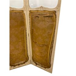 Early 20th century wood and gesso four-panel folding screen, the moulded frame decorated with scrolling foliate and shell motifs, fitted with bevelled glass and upholstered panels