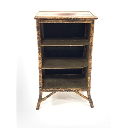 Late Victorian bamboo and lacquer open bookcase with two shelves, W57cm, H89cm, D38cm