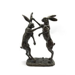 Bronze figure group, modelled as two male hares boxing, with foundry mark, H28cm