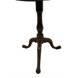 George III mahogany tripod table, circular tilt-top on vasiform pedestal, three splayed supports with pointed pad feet