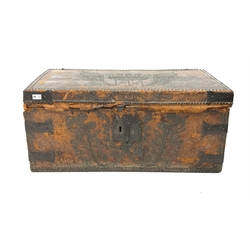 Charles II leather covered trunk, brass studded and bearing a coat of arms, possibly for the Duke of Cumberland, blue silk lined interior W95cm, H42cm, D53cm