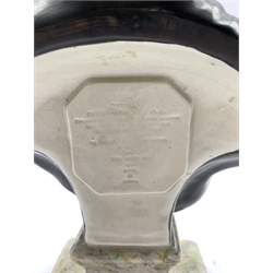 Early 20th century bust of the Reverend John Wesley, modelled half length, wearing clerical robes, upon on a shaped marbled plinth, with a plaque to the reverse impressed with biographical information relating to Wesley, H30cm