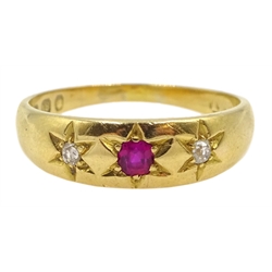 Victorian 18ct gold ruby and diamond gypsy ring, hallmarked