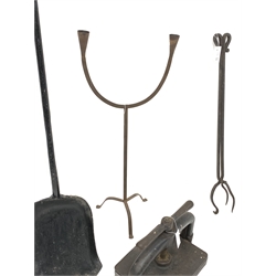 Iron furnace shovel L180cm, iron coal tongs, two branch candle stand and an iron book press