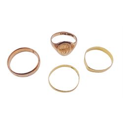 Two 22ct gold wedding bands, 9ct rose gold wedding band and a 9ct rose gold signet ring, all hallmarked
