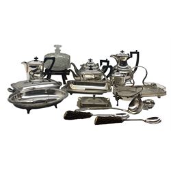 Early 20th century cut glass whisky barrel on stand with silver-plated tap, silver-plated entree dish, pair of antlery handled salad servers, Walker & Hall silver-plated teapot and hot water pot, silver-plated tea strainer etc 