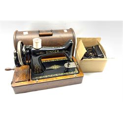 Singer hand sewing machine in oak case with Singer BZK electric motor and foot controller