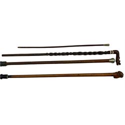 Malacca cane walking stick, the pommel carved as the head of a bearded gentleman, wearing a turban, L82cm, Notts & Derby Regiment swagger stick, African hardwood walking stick with barley twist shaft and one other (4)