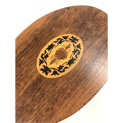 Victorian walnut centre table, oval top inlaid with flower head and foliage, four bobbin turned supports on platforms, turned feet, 60cm x 40cm, H69cm