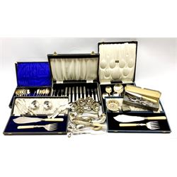 Collection of cased and loose silver-plated cutlery including fish servers, dessert spoons, teapoons, mother-of-pearl handled dessert knives and forks, together with a pair of Danish silver-plated candlesticks stamped 'Atla', Victorian vesta case, napkin rings, sugar sifter, sugar tongs etc 