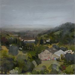 Keith Harris (Yorkshire Contemporary): 'Big Valley in the Mist', oil on board signed, labelled verso 20cm x 20cm