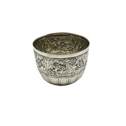 Victorian embossed silver bowl with leaves and flowers above a lappet base H8cm x D10cm London 1888 Maker Wakely and Wheeler 4.7oz