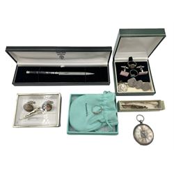Group of items, including two silver and enamel Auxiliary Territorial Service (ATS) sweetheart rings, a ring marked 'Tiffany & Co', two gilt metal brooches, a silver pocket watch, other items of jewellery and a Charles Rennie Mackintosh letter opener, cased 