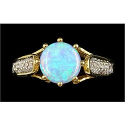 9ct gold opal ring with diamond set shoulders, hallmarked
