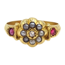 Victorian 18ct gold diamond, seed pearl, ruby and paste ring, Birmingham 1895