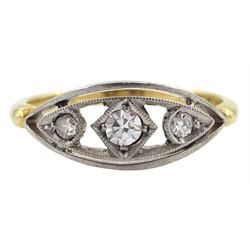Early-mid 20th century gold three stone diamond ring in a palladium  openwork marquise setting, stamped 18ct