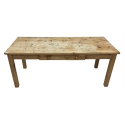 Traditional pine dining table, rectangular top fitted with two drawers, on square supports, with four farmhouse chairs 