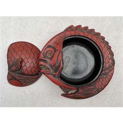 Chinese red lacquer serving dish and cover in the form of Fish, L22cm 