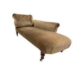Victorian chaise longue upholstered in buttoned fabric with baluster cushion, raised on turned supports with later castors L190cm
