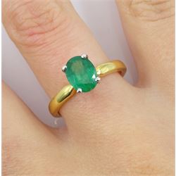 18ct gold single stone oval emerald ring, hallmarked, emerald approx 1.30 carat
