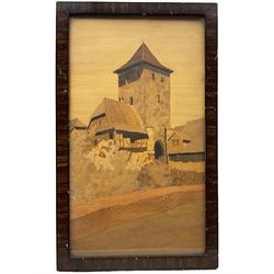 Charles Spindler (French 1865-1938): 'Rothenburg' 'Dambach' and 'St Ursanne', set three framed marquetry pictures signed max 39cm x 24cm (3) 