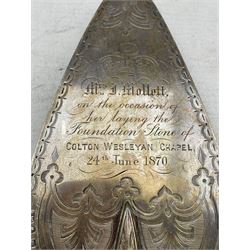 Silver and ivory handled presentation trowel to commemorate 'Laying of the Foundation stone of Colton Wesleyan Chapel 1870' Birmingham 1868 Maker Thomas White, length of blade 15cm