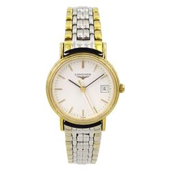 Longines Presence ladies stainless steel and gold-plated quartz wristwatch, Ref. L4.220.2, white dial with date aperture, boxed