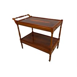 Regency design yew wood two tier drinks trolley, fitted with drinks slide, raised on ring turned supports on castors
