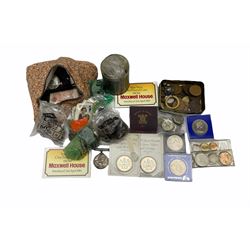 Approximately 120 grams of Great British pre 1947 silver coins, King George VI 1951 Festival of Britain crown in maroon box, various pennies and other pre-decimal coins, two Queen Elizabeth II 1990 five pound coins, commemorative crowns, WWI British War Medal etc