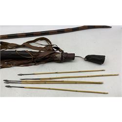 African tribal leather bound bow,  quiver and arrows and a knife in leather sheath