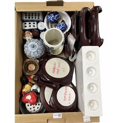 Chinese ceramics, hardwood stands, novelty salt and pepper shakers, ceramic tealight holder etc in one box