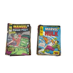 Bronze Age Marvel comics comprising The Mighty World of Marvel Starring the Incredible Hulk issues: 85, 87, 88, 120, 121, 122, 135, 136, 138, 140, 147, 148, 150, 159, 161, 164, 165, 167, 182 & 228, The Mighty World of Marvel Featuring the Incredible Hulk and the Fantastic Four issues: 300 - 306, 308 - 314, 317 - 327 & 329, The Mighty World of Marvel Featuring The Incredible Hulk and Dracula issues: 244, 250 & 256, The Mighty World of Marvel Featuring the Incredible Hulk and Fury issues:258, 261, 265, 266, 269, 274, 275, 281 & 285, The Mighty World of Marvel Featuring the Incredible Hulk and SGT. Fury issues: 276 - 280, 282 - 284, 286 & 289 and The Mighty World of Marvel Featuring the Incredible Hulk issues 315 & 316 