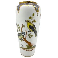 Vienna type porcelain vase of tapering form, hand coloured with birds perched on a branch, beehive mark and 'Dec. 36' marks beneath H22.5cm 