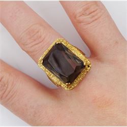 9ct gold single stone smokey quartz ring, with textured setting and shank, London 1972