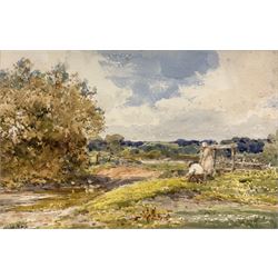 Claude Hayes (British 1852-1922): Farmers in a Rural Landscape, watercolour signed 17cm x 25cm 