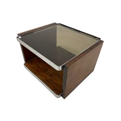Mid century coffee table, the chrome and frosted glass top raised walnut panel end supports united by under tier 62cm x 70cm, H40cm