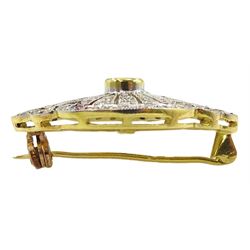 18ct yellow and white gold oval sapphire and milgrain set diamond openwork brooch, hallmarked 