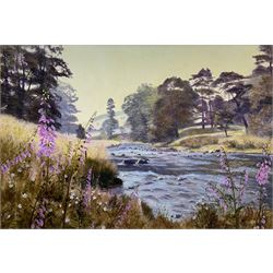 John Lacoux (British 1930-2008): Foxgloves and River Landscape in the Lake District, embellished print on board signed and dated '88, 60cm x 88cm