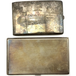 Engine turned silver cigarette case with inscription dated 1950 and another with presentation inscription 1914 11.3oz