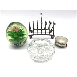 Novelty silver-plated six division toast/ letter rack modelled as crossed Bamboo walking canes, impressed 11435, L16cm, a silver dressing table casket, cut glass ashtray and large glass Victorian style paperweight (4)