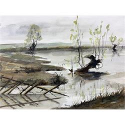 Margaret Parker (Northern British 1925-2012): Yorkshire Marshland, watercolour signed together with English School (20th century): 'Thornwick Bay', oil on board signed indistinctly signed dated 1963 max 53cm x 67cm (2)
