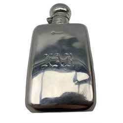 Silver spirit hip flask engraved with initials and with bayonet cap 13cm x 7cm Birmingham 1928 Maker Marples and Beasley 4.8oz