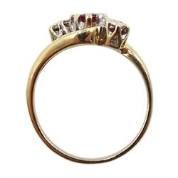 9ct gold three stone ruby and diamond ring, hallmarked
