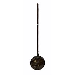 19th century copper warming pan with floral engraved decoration and riveted base, L128cm 
