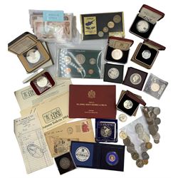 Great British and World coins, including Queen Victoria 1890 crown, King George VI Festival of Britain crown, Mauritius 1978 sterling silver proof twenty five rupees cased with certificate, Bahamas 1978 commemorative ten dollars silver coin cased,   various Isle of Man etc, housed in a shallow cash tin