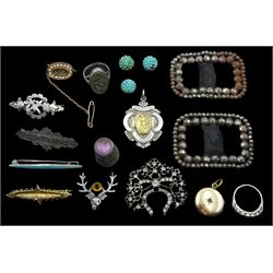 Victorian and later jewellery including 18ct white gold diamond and emerald ring, gold split pearl, enamel and hairwork mourning brooch, the reverse dated 1890, 9ct gold brooch, Birmingham 1894, silver brooches, pair of steel buckles, etc