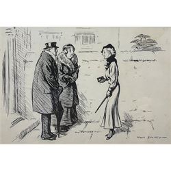Lewis Baumer (British 1870-1963): 'The Bishop's had a cold - he's not at all himself yet. Oh dear, I'm so sorry, you know I thought he didn't preach with quite his usual pep!', pen and ink signed 19cm x 26cm; Boris O'Klein (French 1893-1985): 'Eternal Enemies', coloured etching signed and titled in pencil 20cm x 47cm (2)