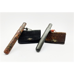 Japanese Meiji tobacco pouch (tabako-ire) with metal mae-kanagu, stained wooden ojime bead and black lacquer pipe case (Kiseruzutsu), together with another tobacco pouch (tabako-ire) with metal mae-kanagu, agate ojime bead and  carved lacquer pipe case (Kiseruzutsu) L22cm (2)
